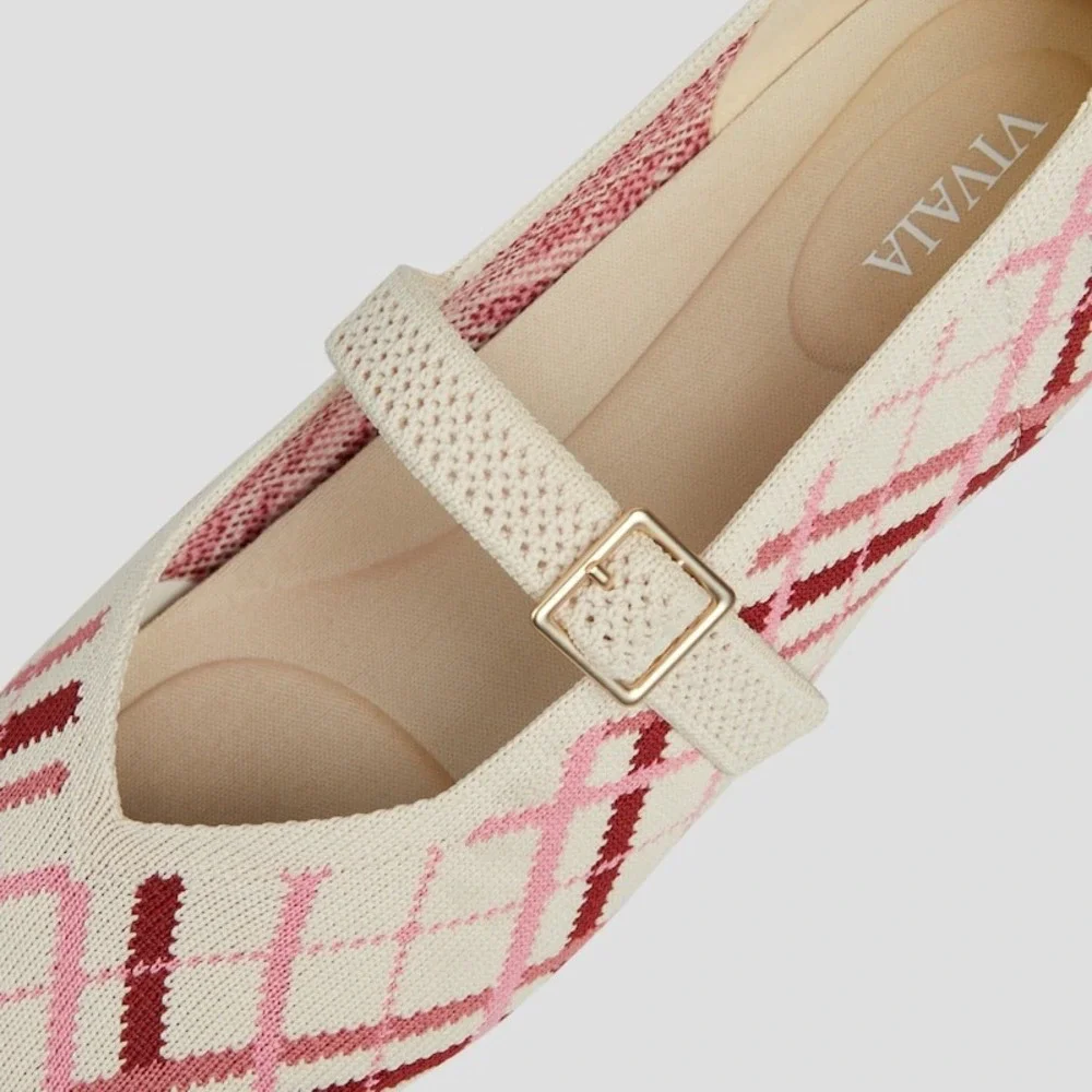 VIVAIA Square Toe Knit  Flats Pink Plaid Buckle Strap Shoes size‎ EU/41 US/9.5